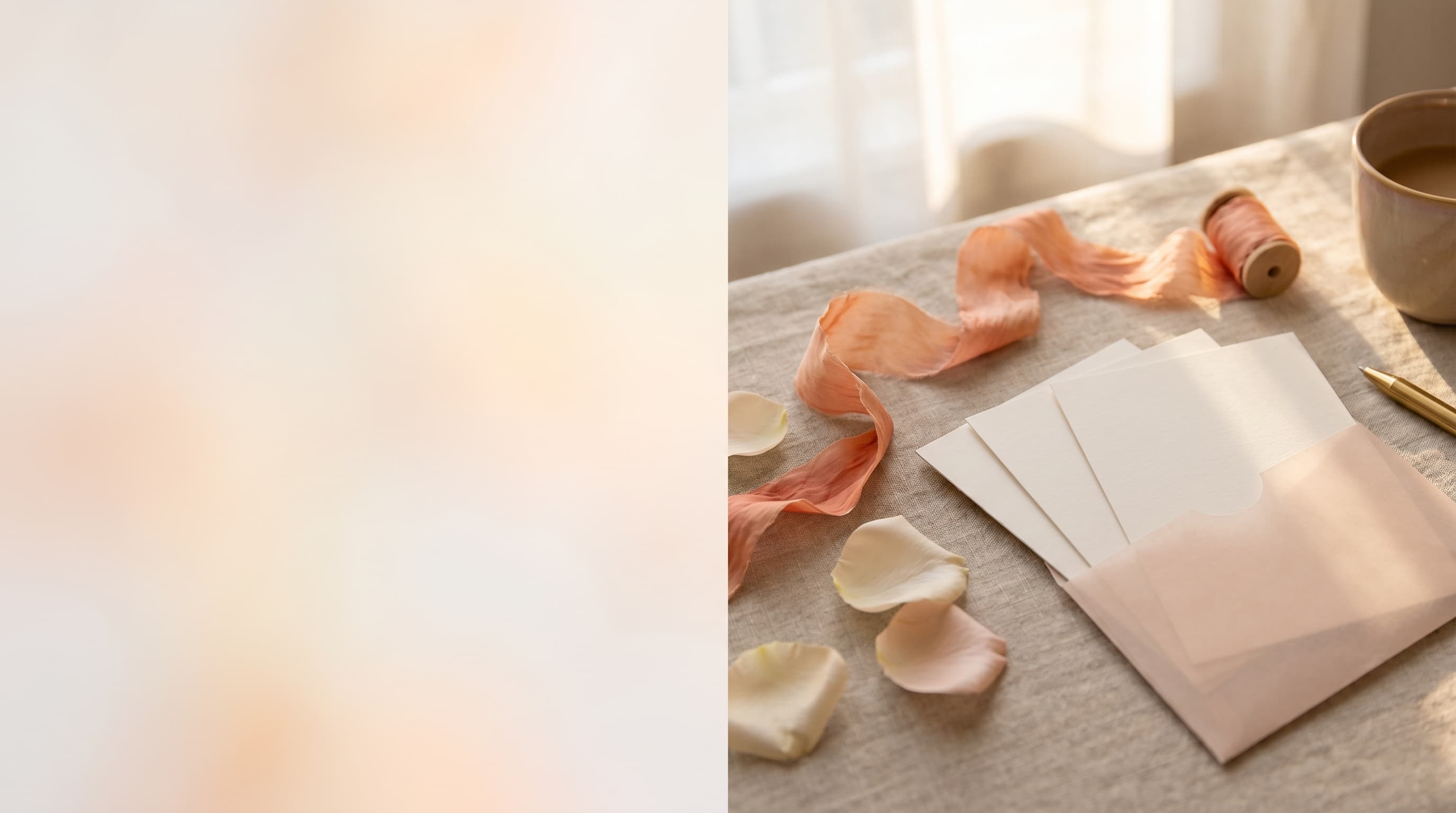 Soft editorial still life of blank prompt cards, ribbon, and paper sleeve arranged for the Couples Questions hero.